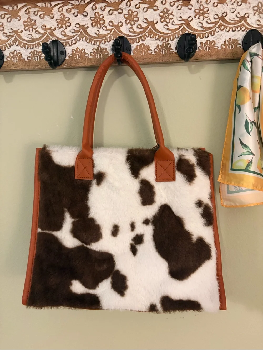 Cowhide Pattern Faux Fur Tote Bag with Tan Trim